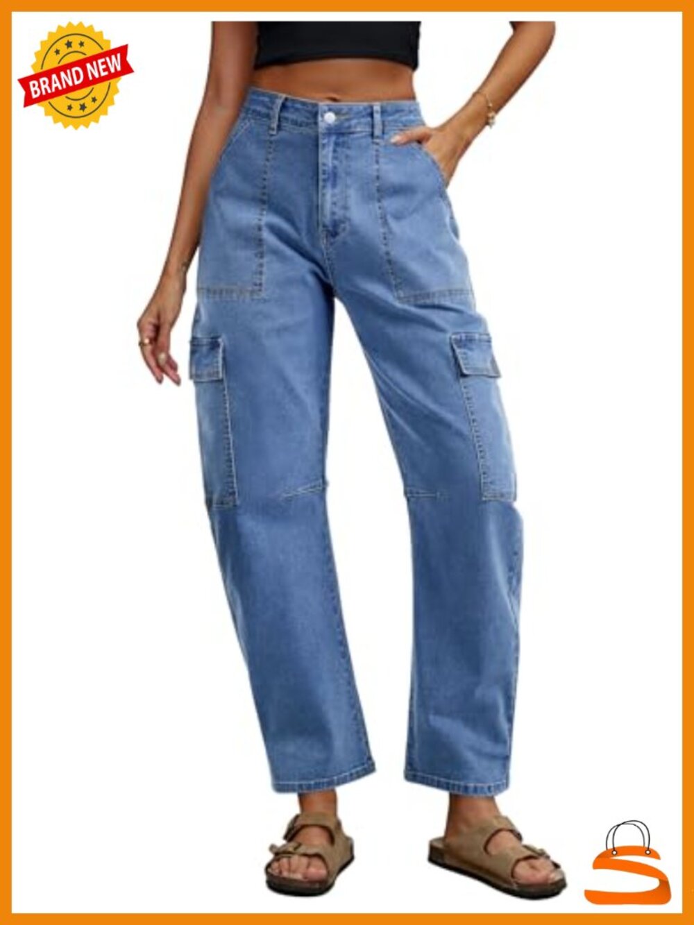 Wide Leg High Waisted Cargo Ankle Jeans 6 Pockets Baggy Utility Pants